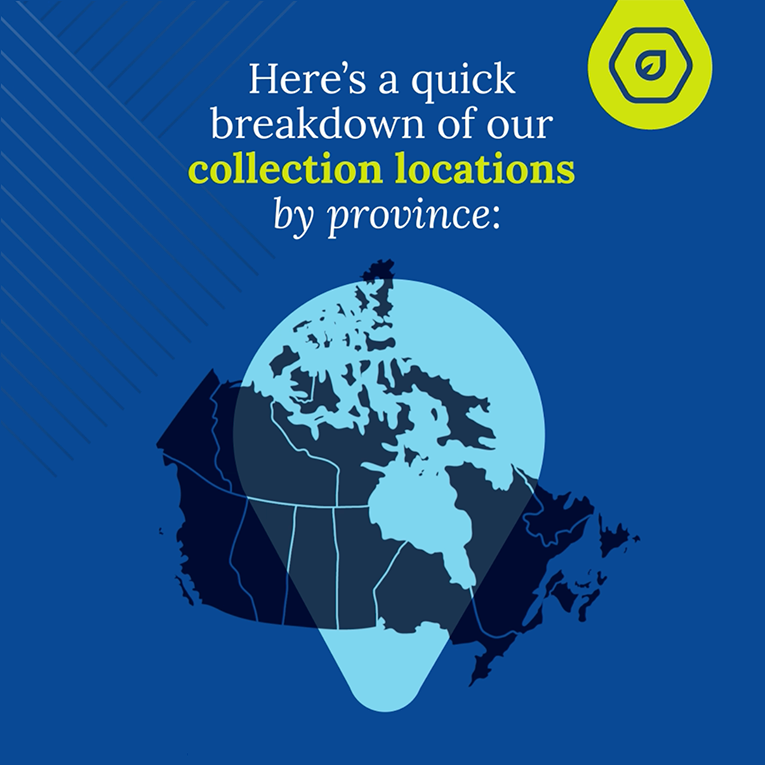 Banner design showing map of Canada with a big marker on top. Message on top says "Here's a quick breakdown of our collection locations by province".