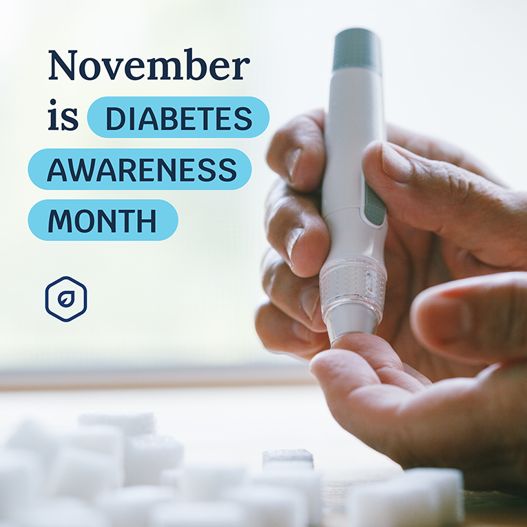 Banner design for Diabetes Awareness Month. Hands holding an insulin pen and injecting it into a finger.