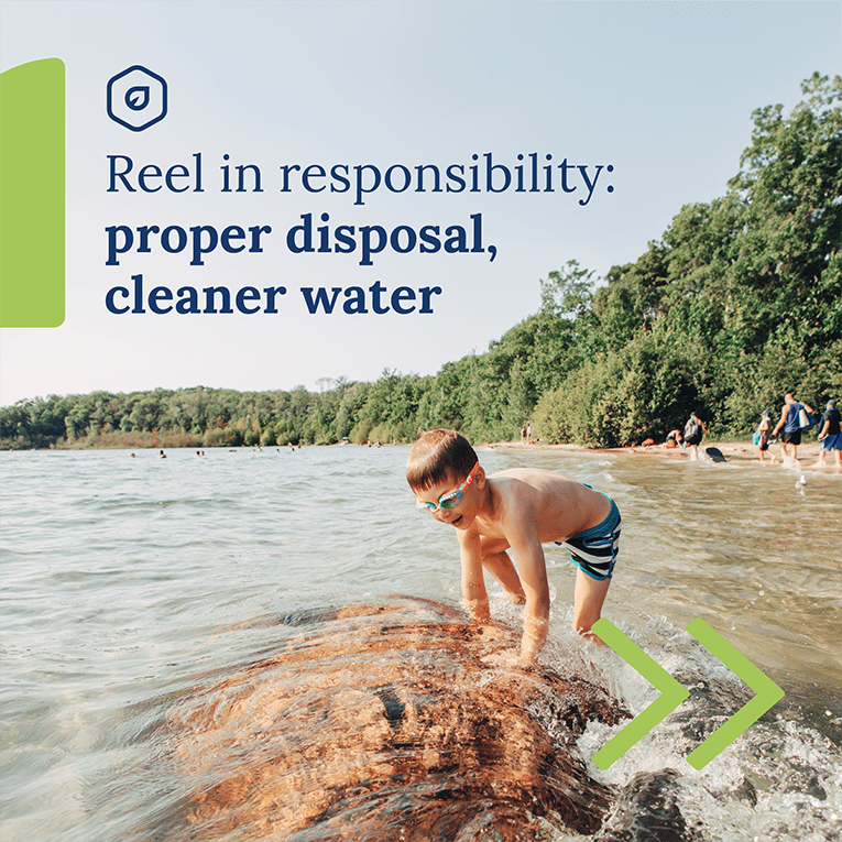 Banner design with with boy in swimsuit near a lake. Message on top asking people to properly dispose of medication to keep public water sources clean.