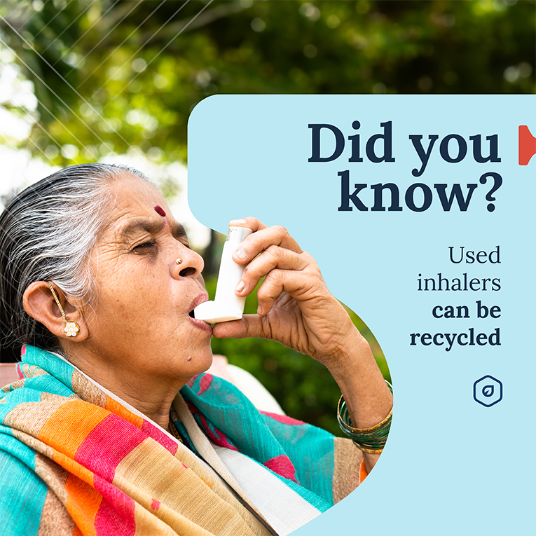 Banner design with woman using an inhaler. Message on top says that used inhalers can be recycled.