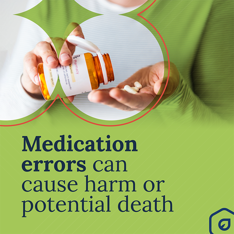 Banner design with someone dosing medication. Message on top says "Medication errors can cause harm or potential death".