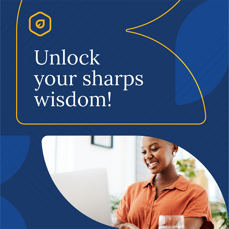 Banner design with woman looking at her laptop. Message on top says "Unlock your sharps wisdom!"