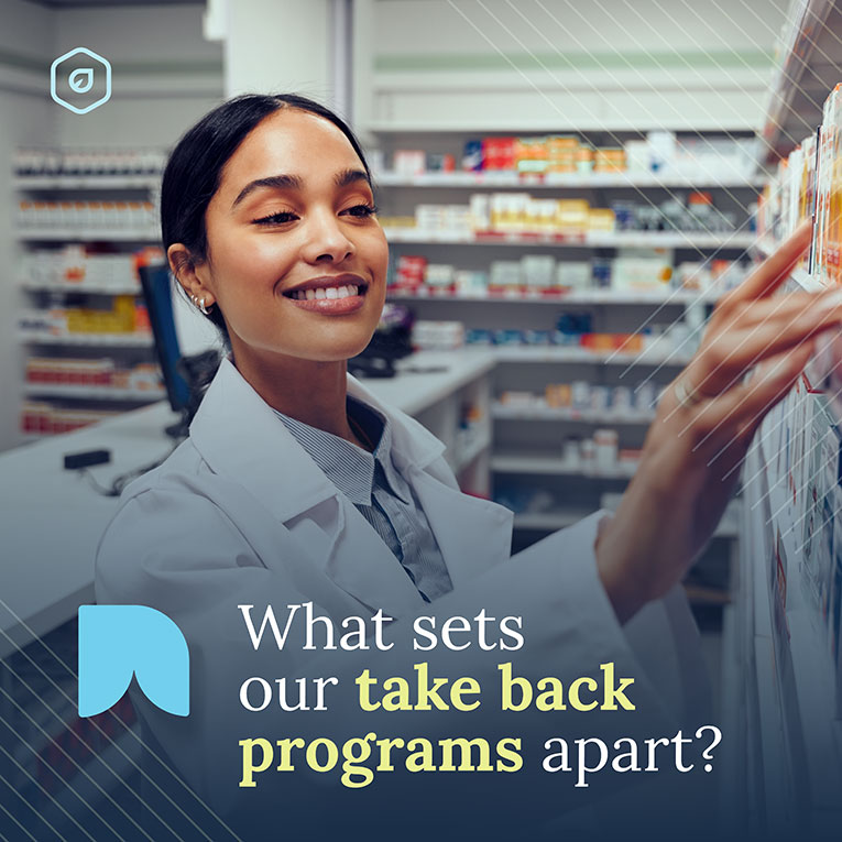 Banner design with pharmacist checking medication supply. Message on top says "What sets our take back programs apart?"