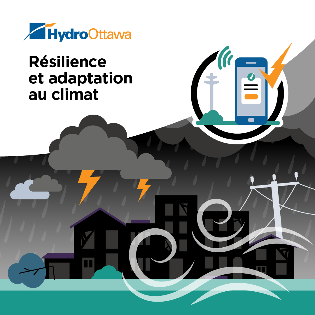 An illustrative collage with a cell phone, electrical towers and stormy weather in a neighbourhood.