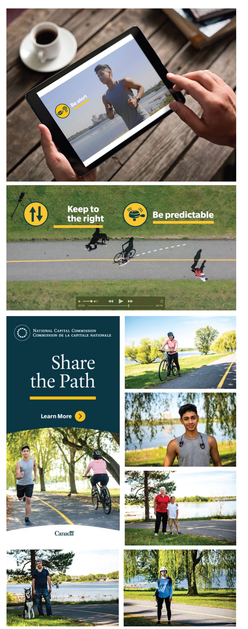 Screenshots from the NCC "Share the Path" campaign video, as well as print collateral designed for the campaign