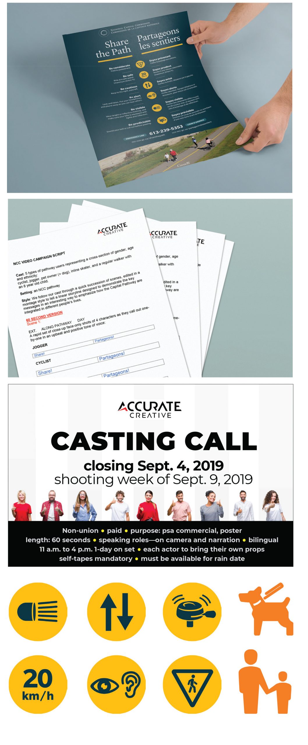 Production materials from the NCC "Share the Path" campaign, including casting forms, a one-pager advertisement and icon designs