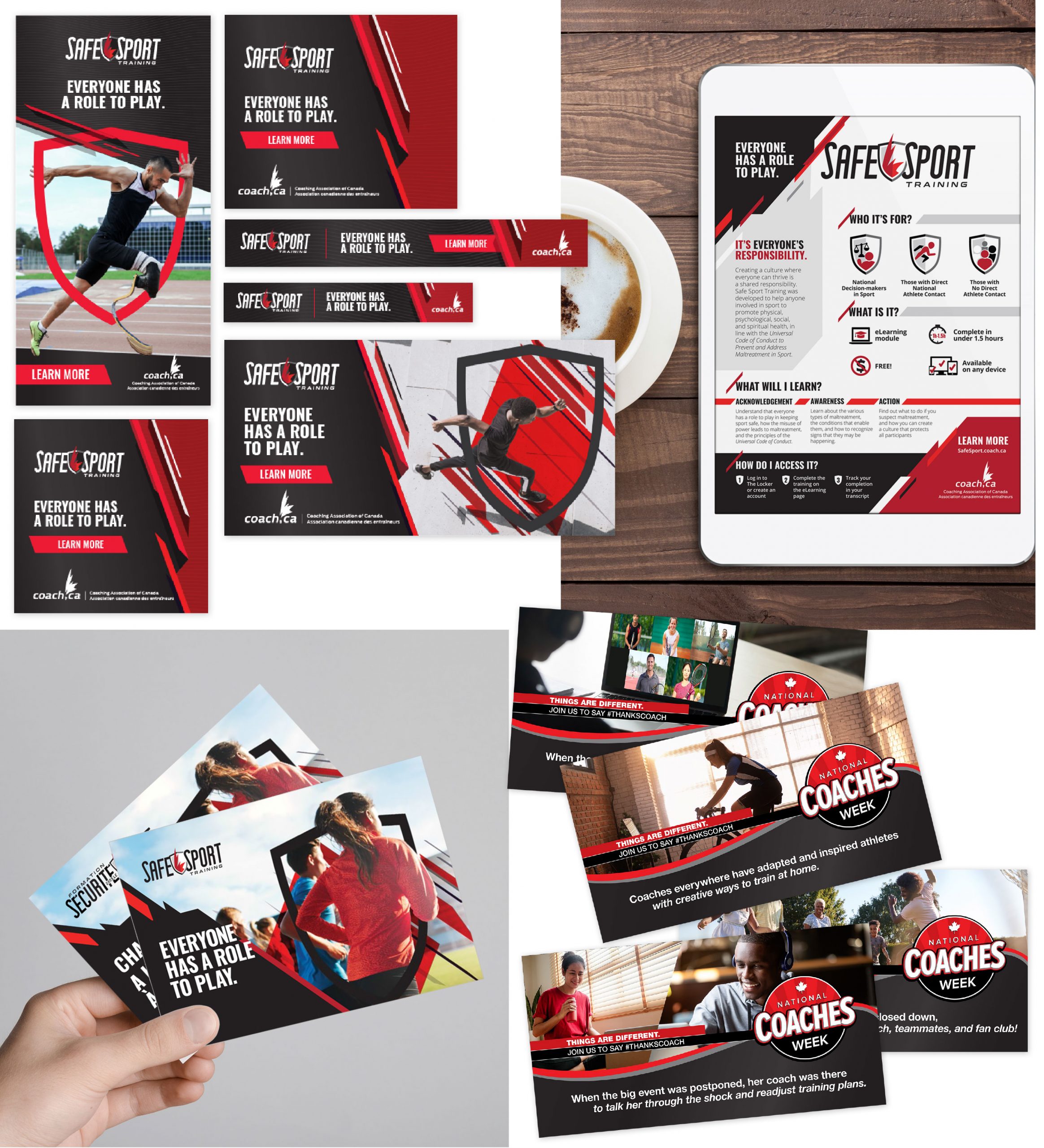 Print and digital collateral from Coaching Association of Canada's Safe Sport campaign