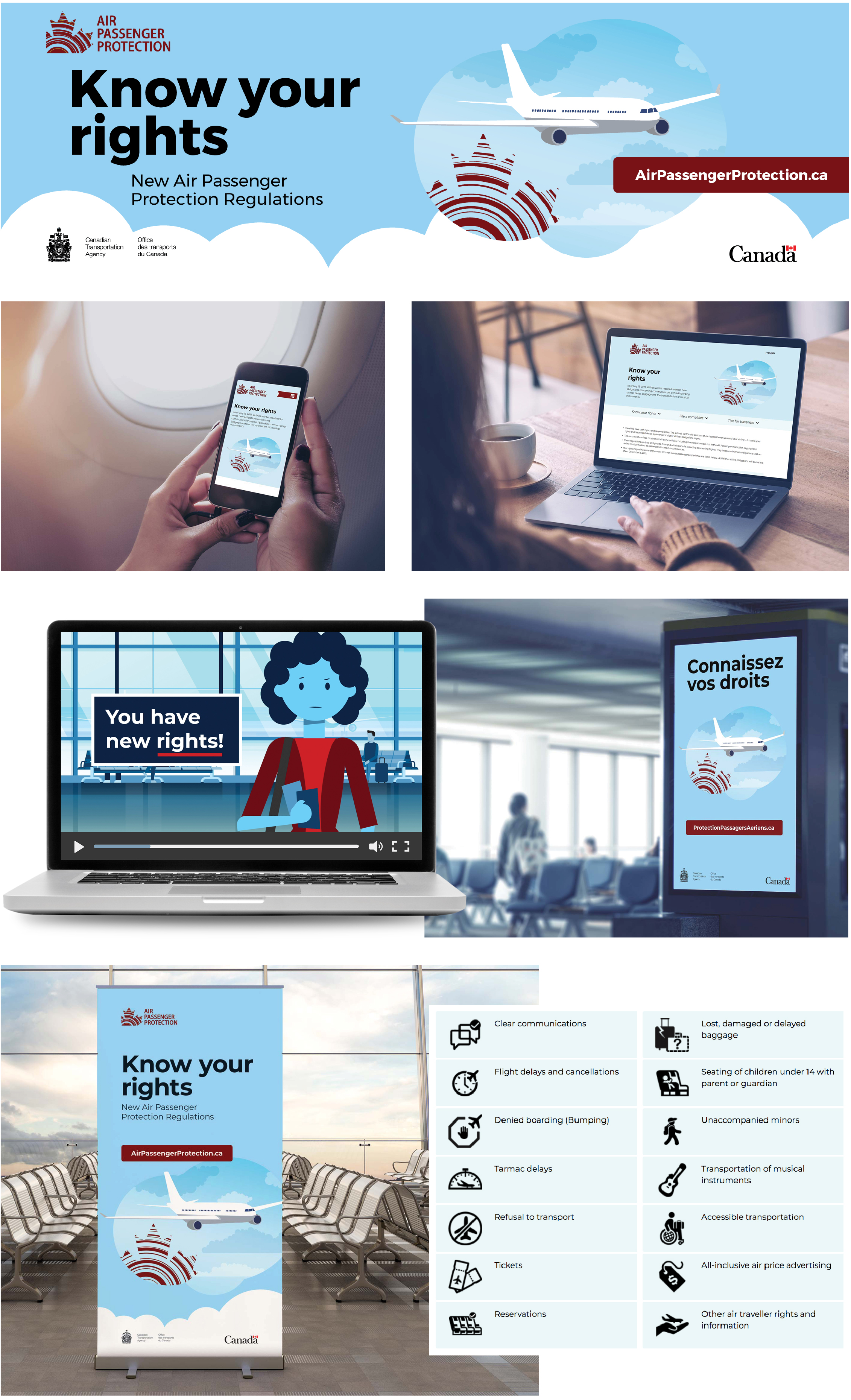 Print and digital collateral from Canadian Transportation Agency's "Know Your Rights" campaign