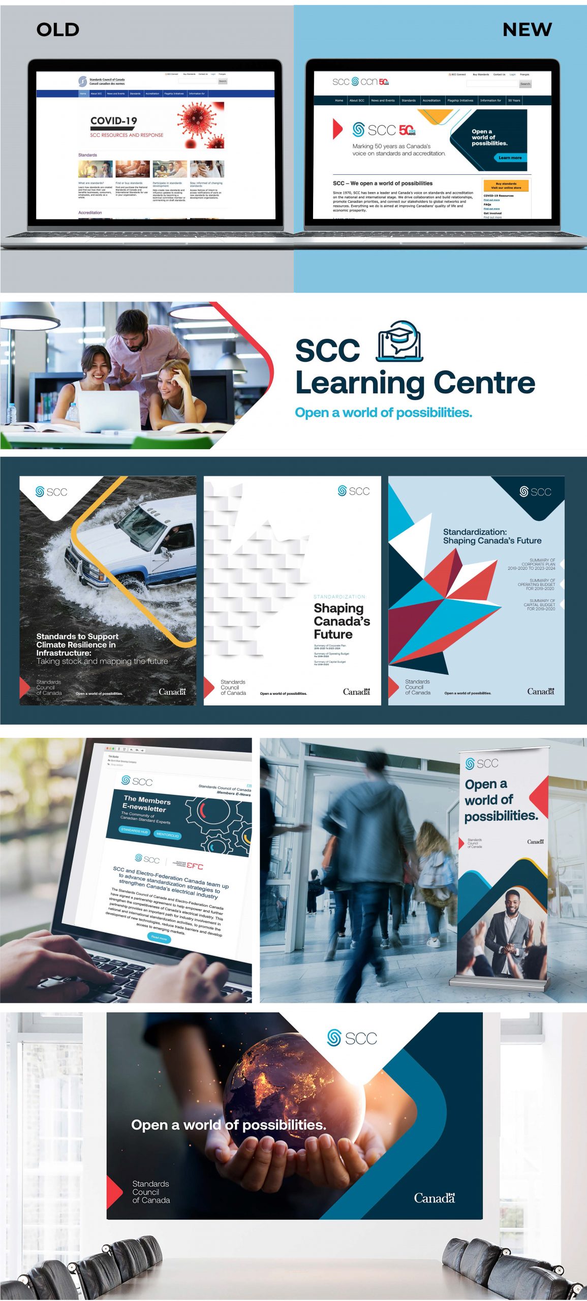 Side-by-side design comparisons between old and redesigned Standards Council of Canada branding