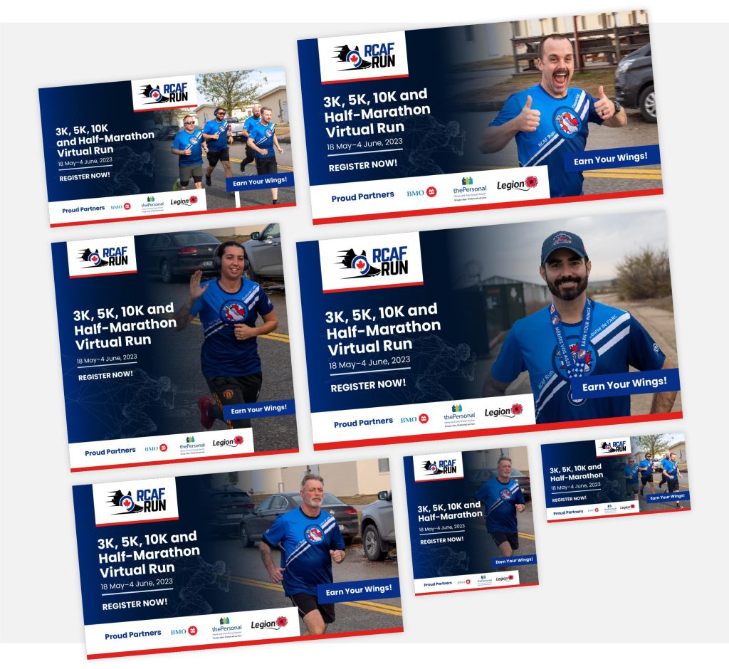 Screenshots of RCAF Run social banners, designed by Accurate Creative