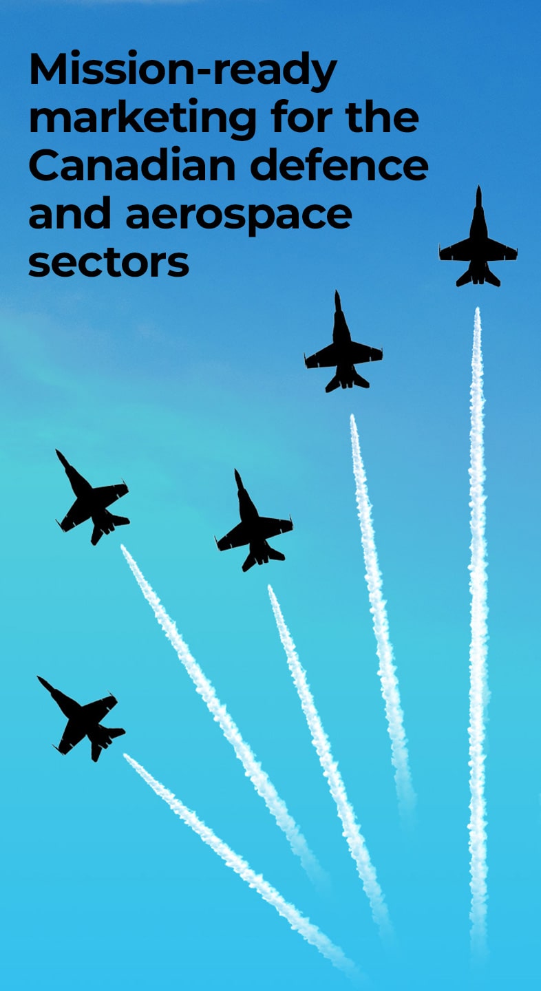 Fighter jets in formation, flying toward the sky with the caption 'Mission-ready marketing for the Canadian defence and aerospace sectors'